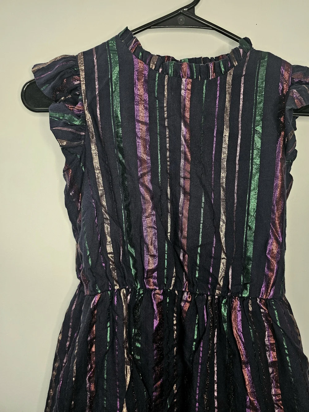 Gap Kids Metallic Stripe Ruffle Dress Girls Large 10 Black Purple Green